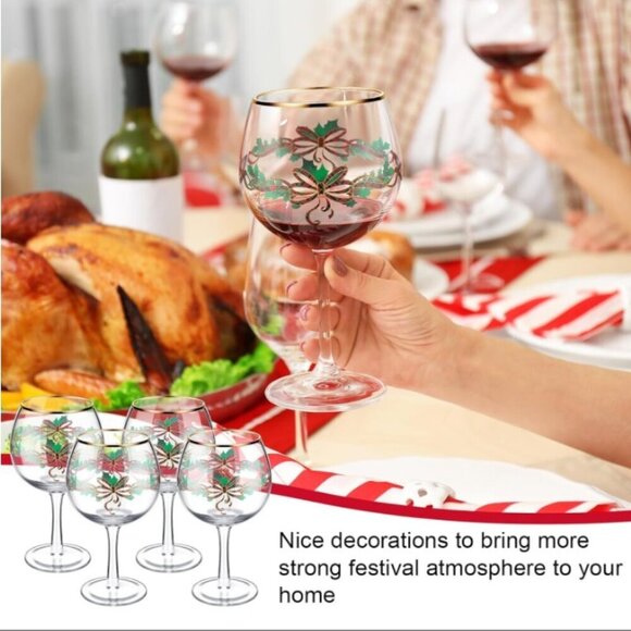 8 Pcs Long Stem Winter Holiday Berry Goblets, Golden Edge - Picture 2 of 10